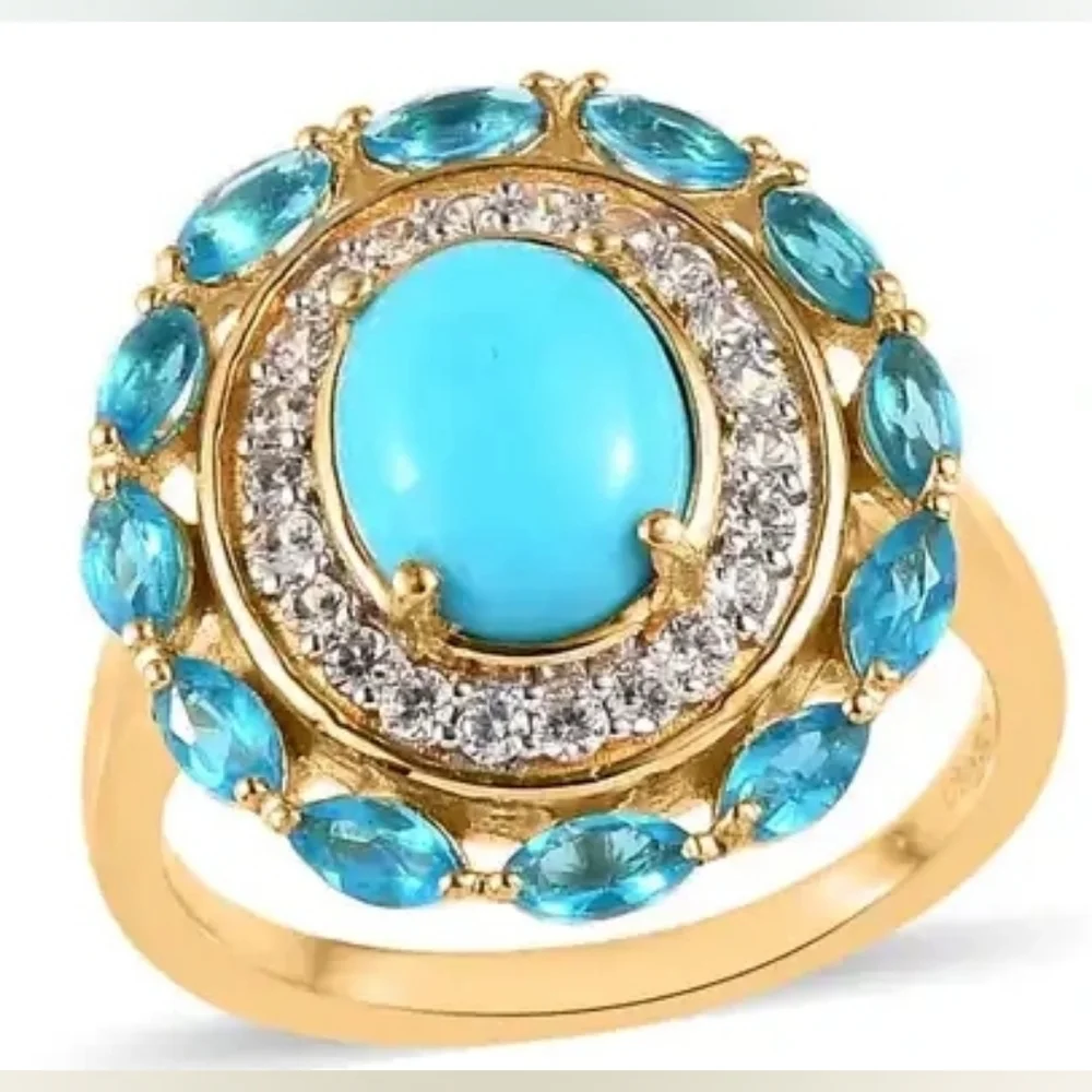 Premium Sleeping Beauty Turquoise, Neon Apatite & White Zircon Ring - Picture 1 of 5